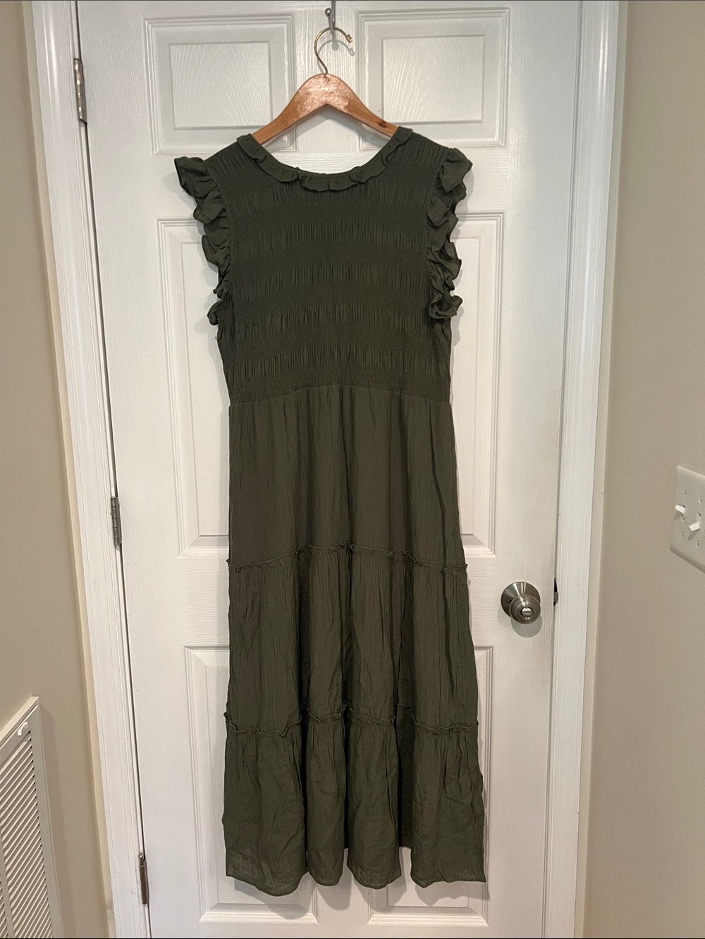 Nanette Lepore Olive Green Ruffle Tiered Maxi Dress